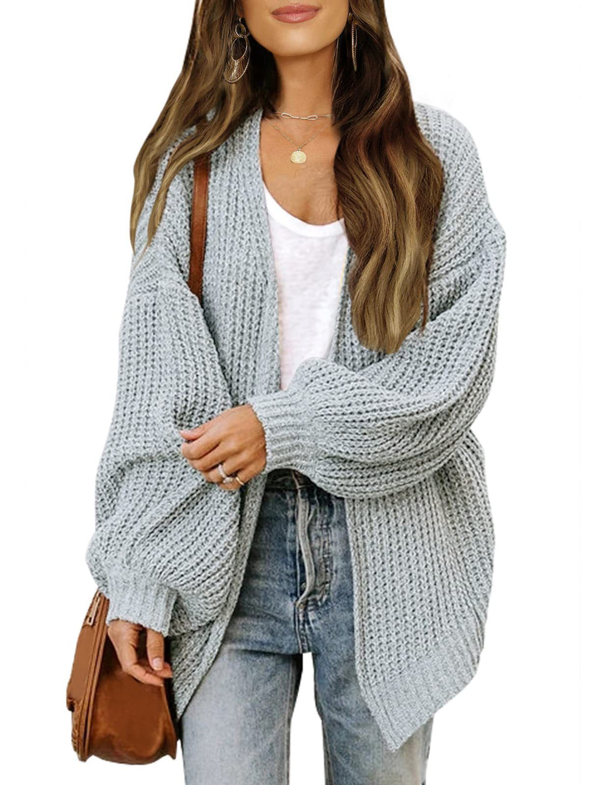 Women's Chunky Knit Balloon Sleeve Open Front Cardigan