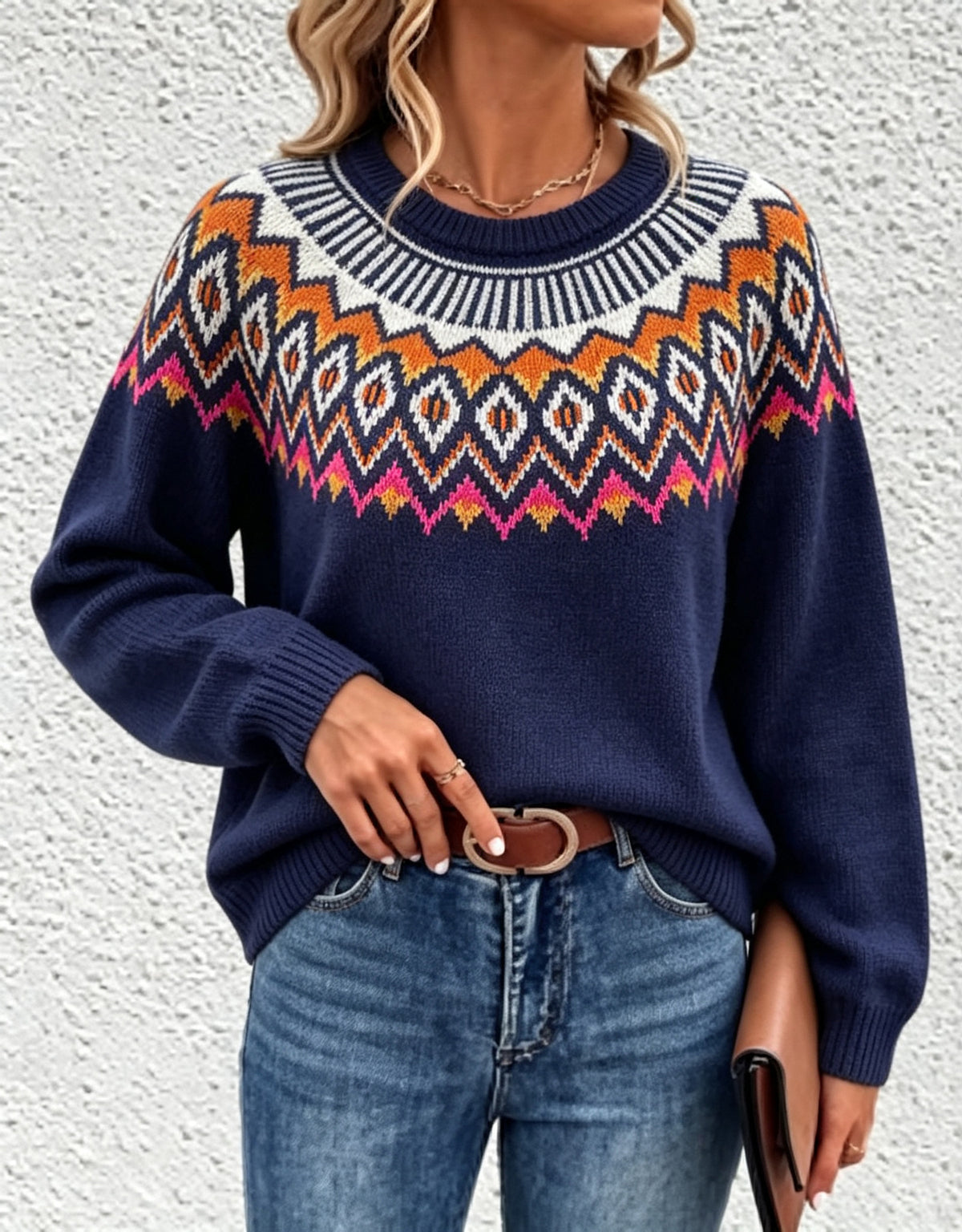 Women's Oversized Fair Isle Crew Neck Knit Sweater