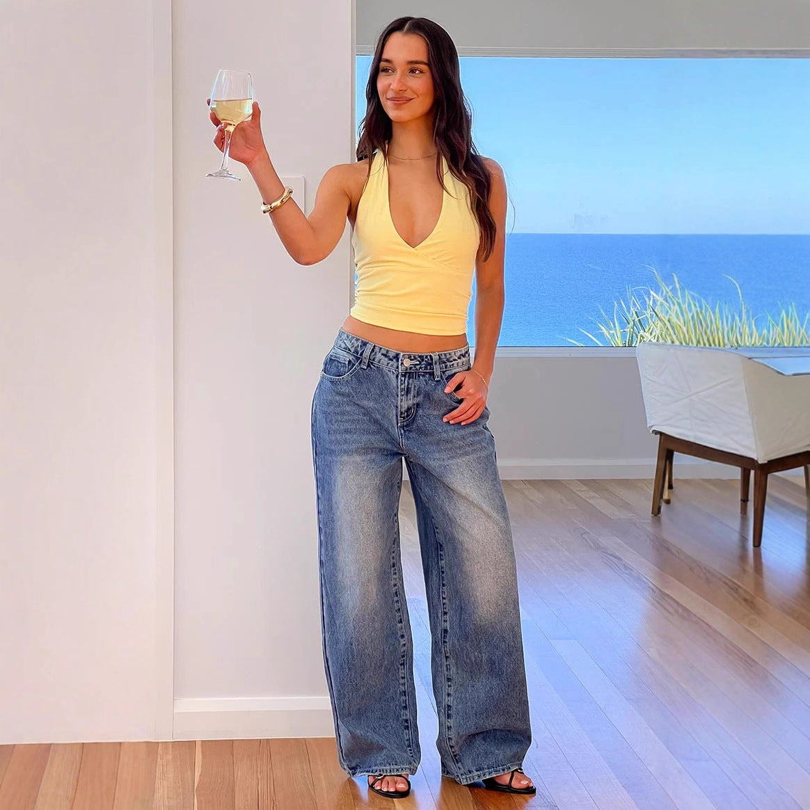 Women's Vintage Washed Wide Leg Heart Pocket Denim Jeans
