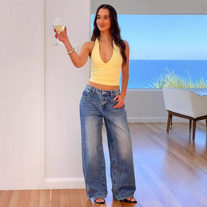 Women's Vintage Washed Wide Leg Heart Pocket Denim Jeans