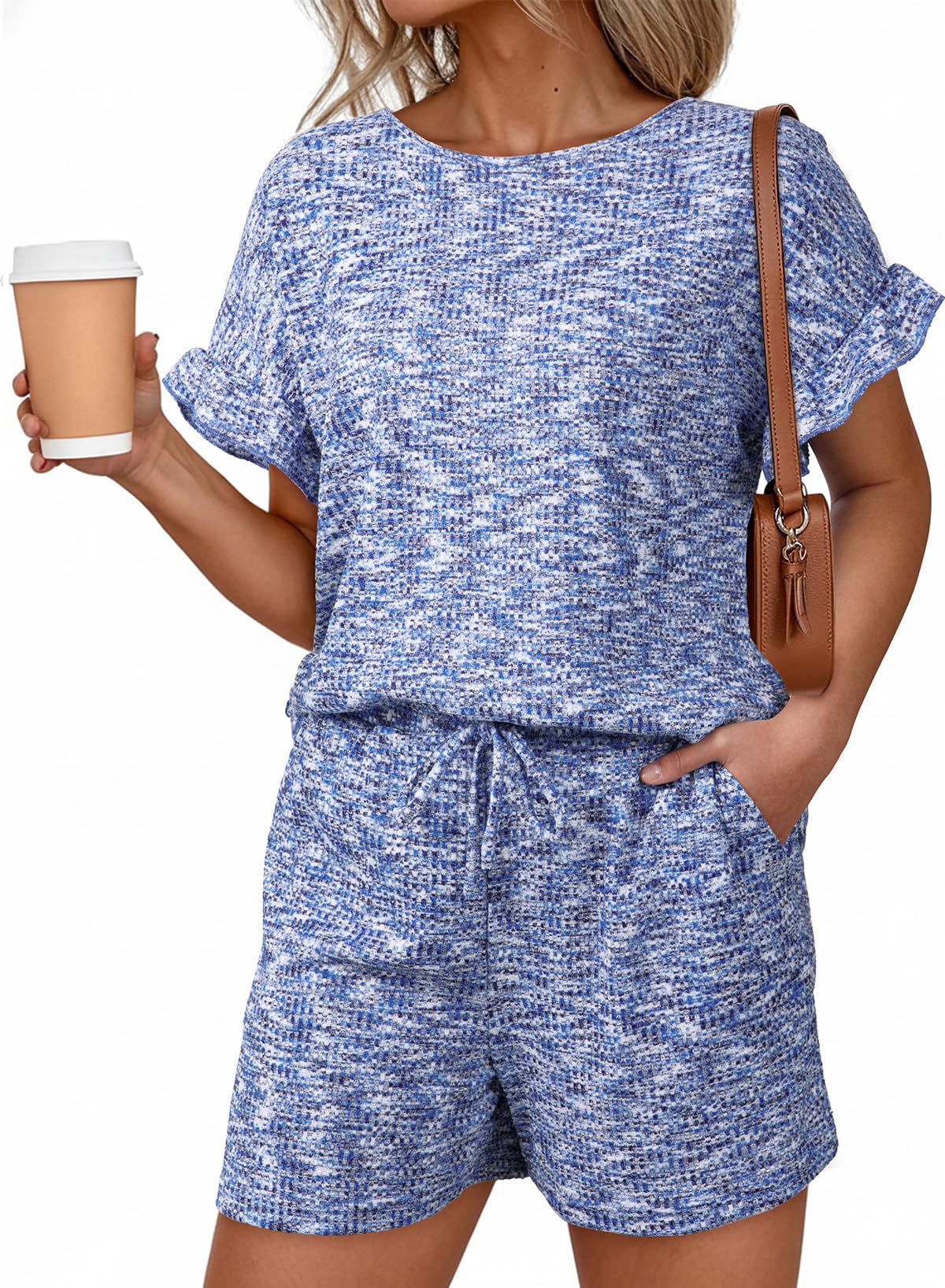 Textured Knit Lounge Set Ruffle Sleeve Drawstring