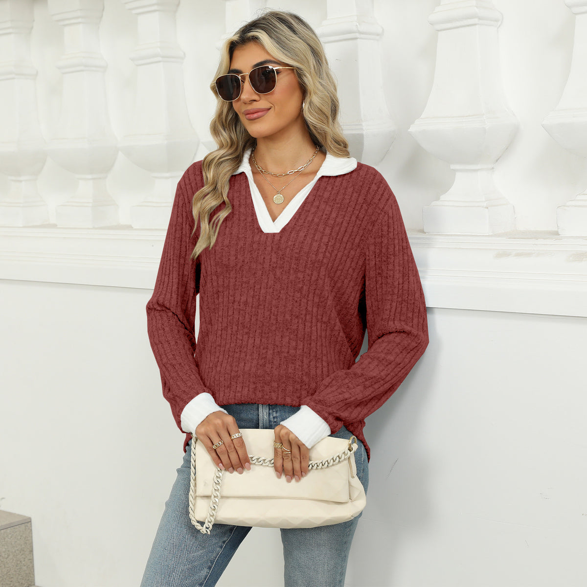 Women's Oversized Contrast Collar V Neck Long Sleeve Top