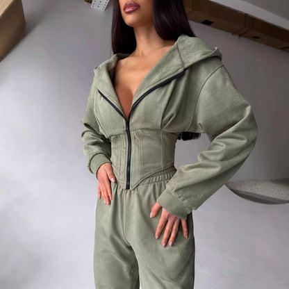Women's Cinch Waist Zip-Up Hoodie Sweatpants Set