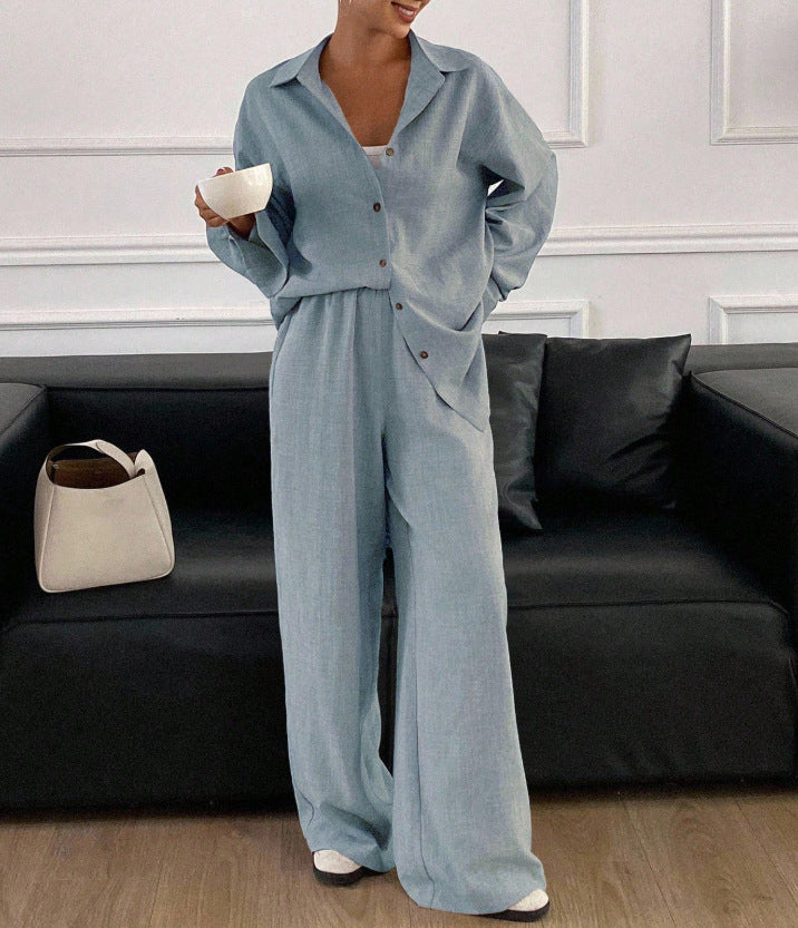 Linen Blend Button Down Shirt Wide Leg Pants Matching Set