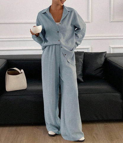Linen Blend Button Down Shirt Wide Leg Pants Matching Set