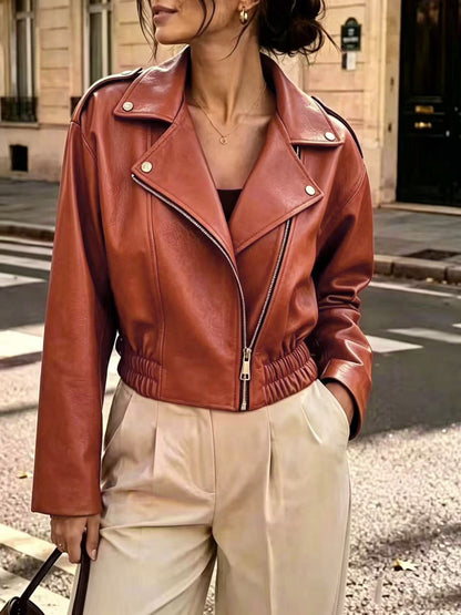 Womens Cropped Faux Leather Moto Jacket Zip Up