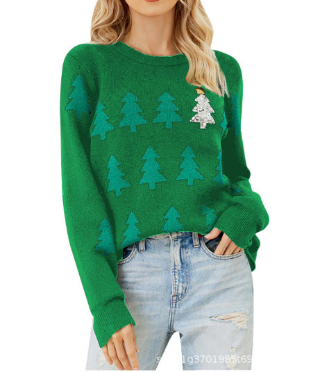 Women's Sequin Christmas Tree Crew Neck Knit Sweater