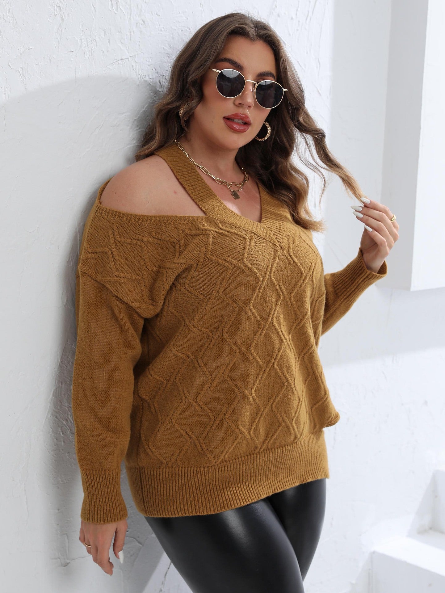 Women's Personalized Off-Shoulder Woven Sweater V-Neck Pullover Sweater