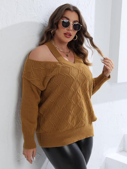 Women's Personalized Off-Shoulder Woven Sweater V-Neck Pullover Sweater
