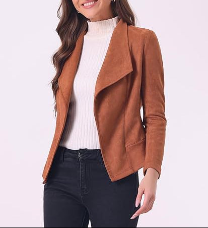 Women's Faux Suede Open Front Cropped Blazer Jacket