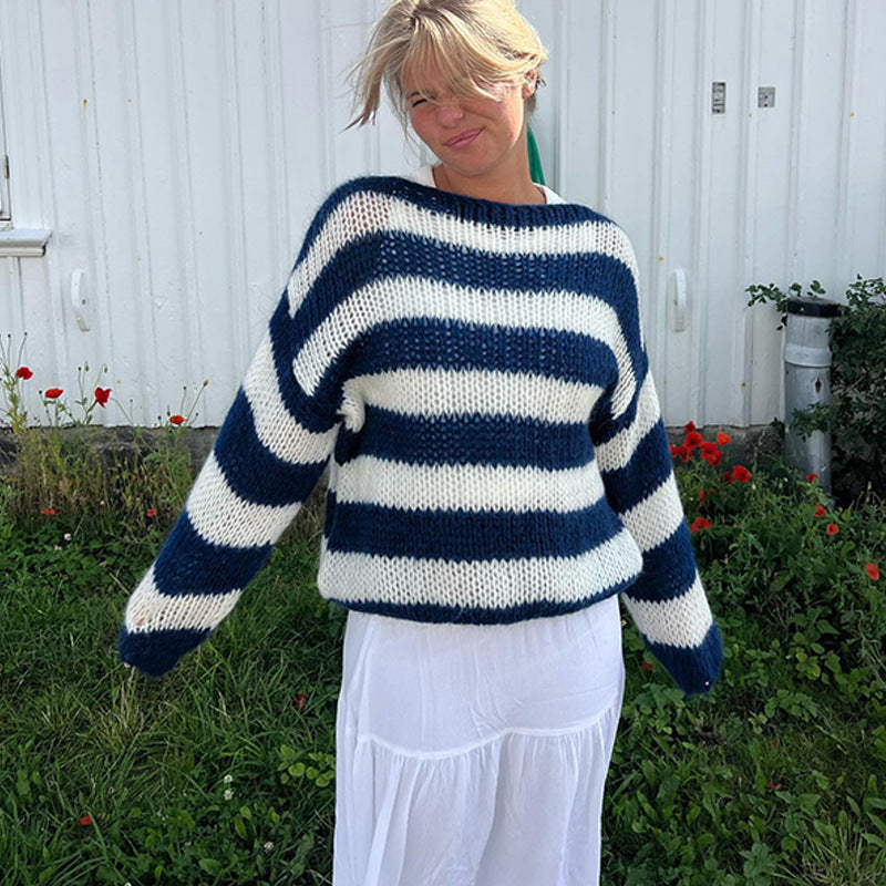 Women's Oversized Striped Chunky Knit Crew Neck Sweater