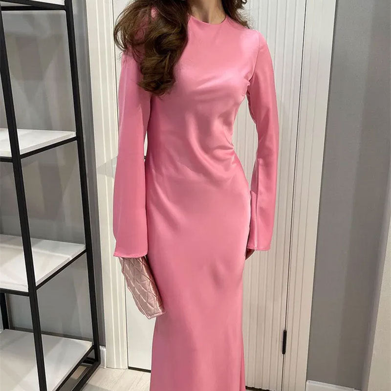 Women's Elegant Long Sleeve Solid Maxi Dress Casual