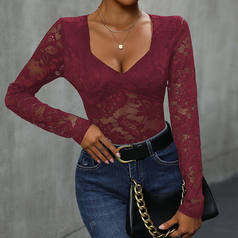 Floral Lace V Neck Bodysuit Long Sleeve Slim Fit Top