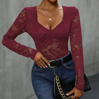 Floral Lace V Neck Bodysuit Long Sleeve Slim Fit Top