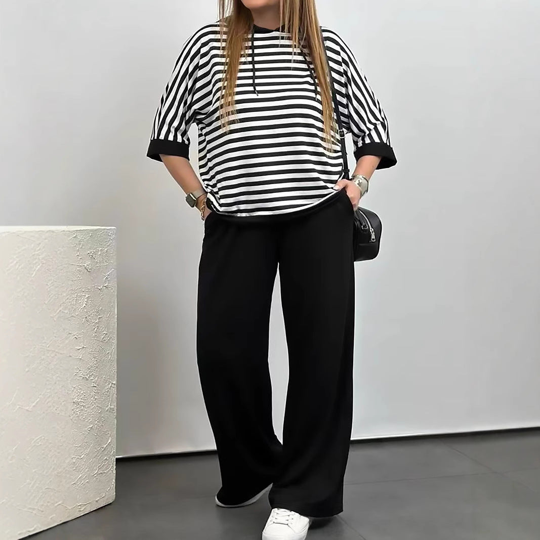 Plus Size Striped Top Wide Leg Pants Two Piece Set