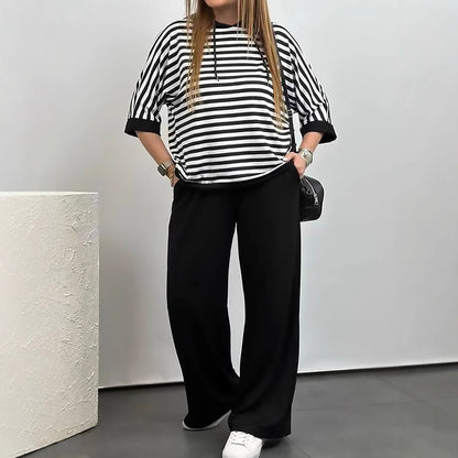 Plus Size Striped Top Wide Leg Pants Two Piece Set
