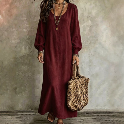 Women's Boho Long Sleeve U-Neck Maxi Dress Loose Solid