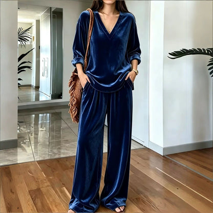 Women's Velvet V Neck Wide Leg Pants Two Piece Lounge Set