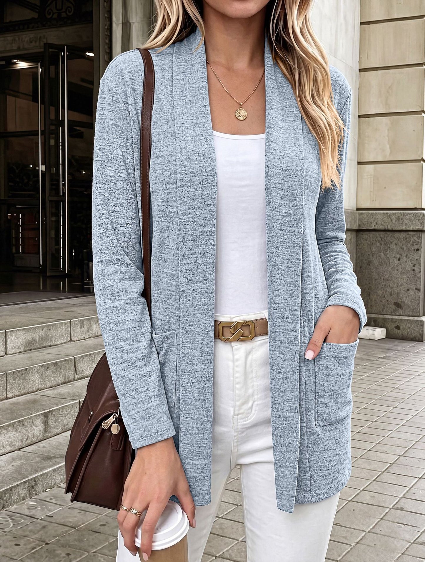 Pocket Open Front Cardigan Long Sleeve Knit Top