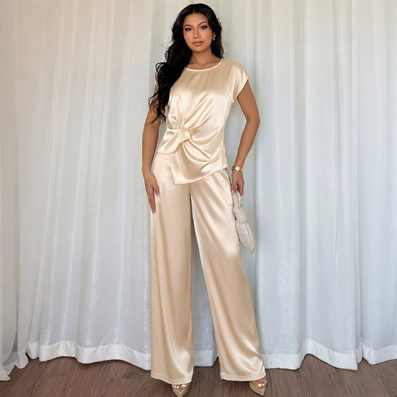 Satin Two Piece Set Twist Front Top Wide Leg Pants