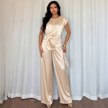 Satin Two Piece Set Twist Front Top Wide Leg Pants