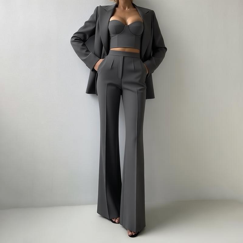 Women's 3 Piece Blazer Bustier Top Wide Leg Pants Set