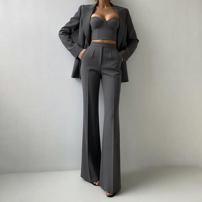 Women's 3 Piece Blazer Bustier Top Wide Leg Pants Set