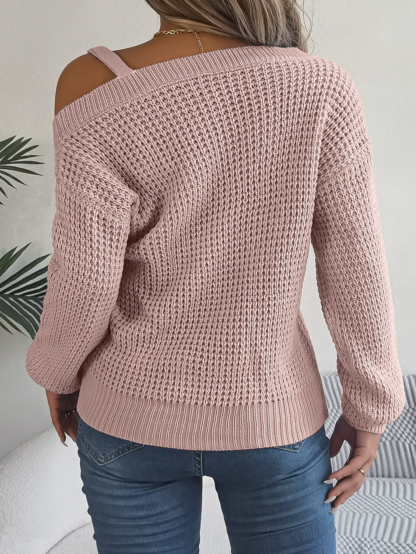 Casual Metal Buckle Splicing Off-shoulder Lantern Sleeve Pullover Sweater