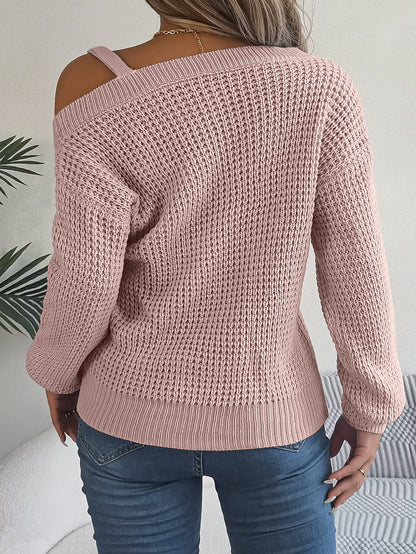 Casual Metal Buckle Splicing Off-shoulder Lantern Sleeve Pullover Sweater