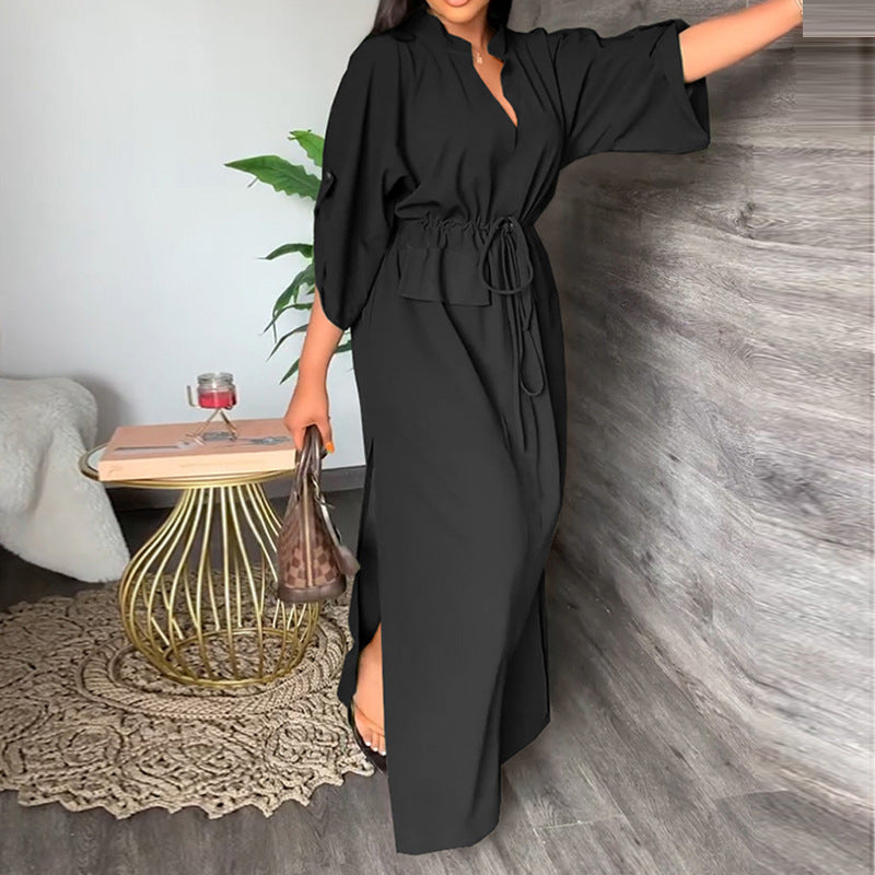 Women's V-Neck Tie Waist Maxi Dress Plus Size