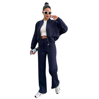Women's Fleece Lined Zip Up Jacket Wide Leg Pants Set