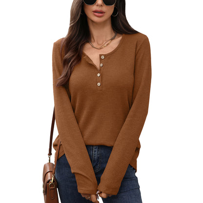 Women's Waffle Knit Henley Long Sleeve Loose Tunic Top