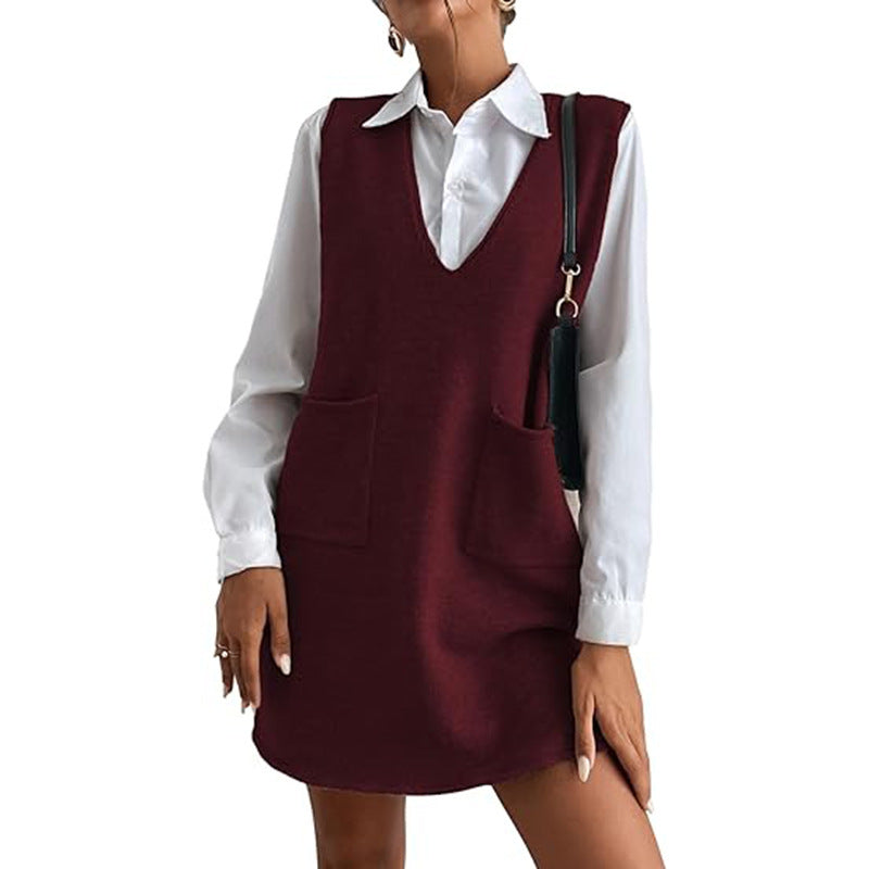 Women's Sleeveless Knit V-Neck Sweater Vest Dress
