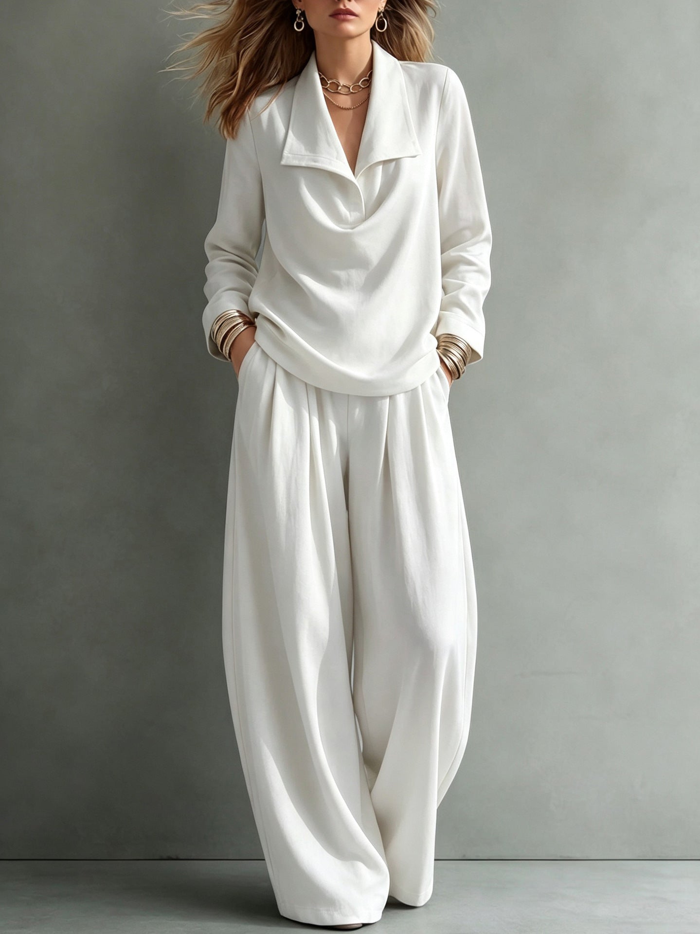 Women's Collared Sweatshirt Wide Leg Pants Lounge Set