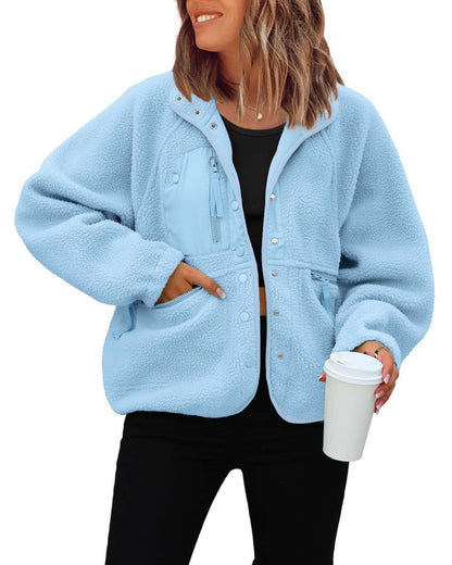Women's Oversized Sherpa Fleece Jacket Button Front Casual