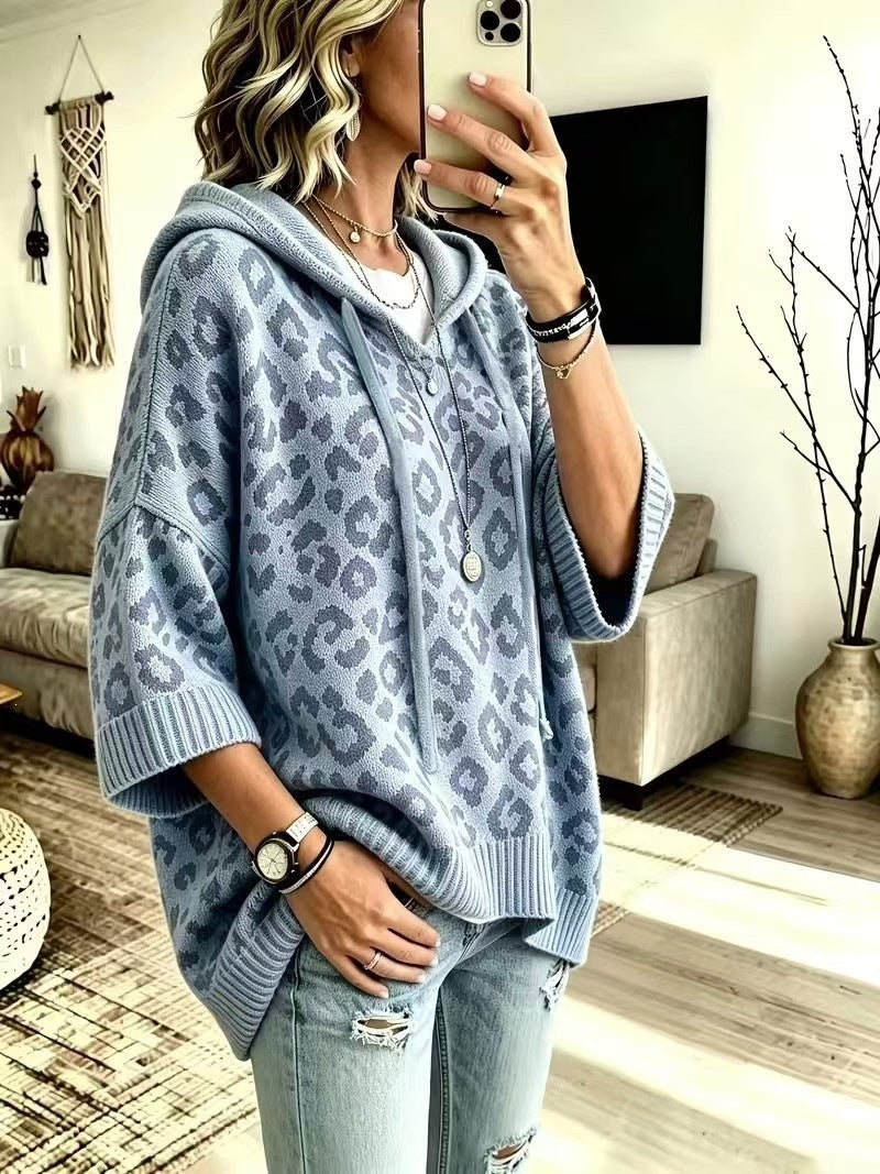 Women's Leopard Print Oversized Hooded Knit Sweater