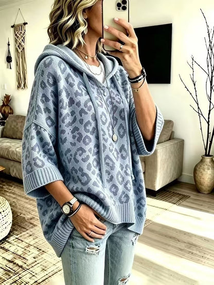 Women's Leopard Print Oversized Hooded Knit Sweater