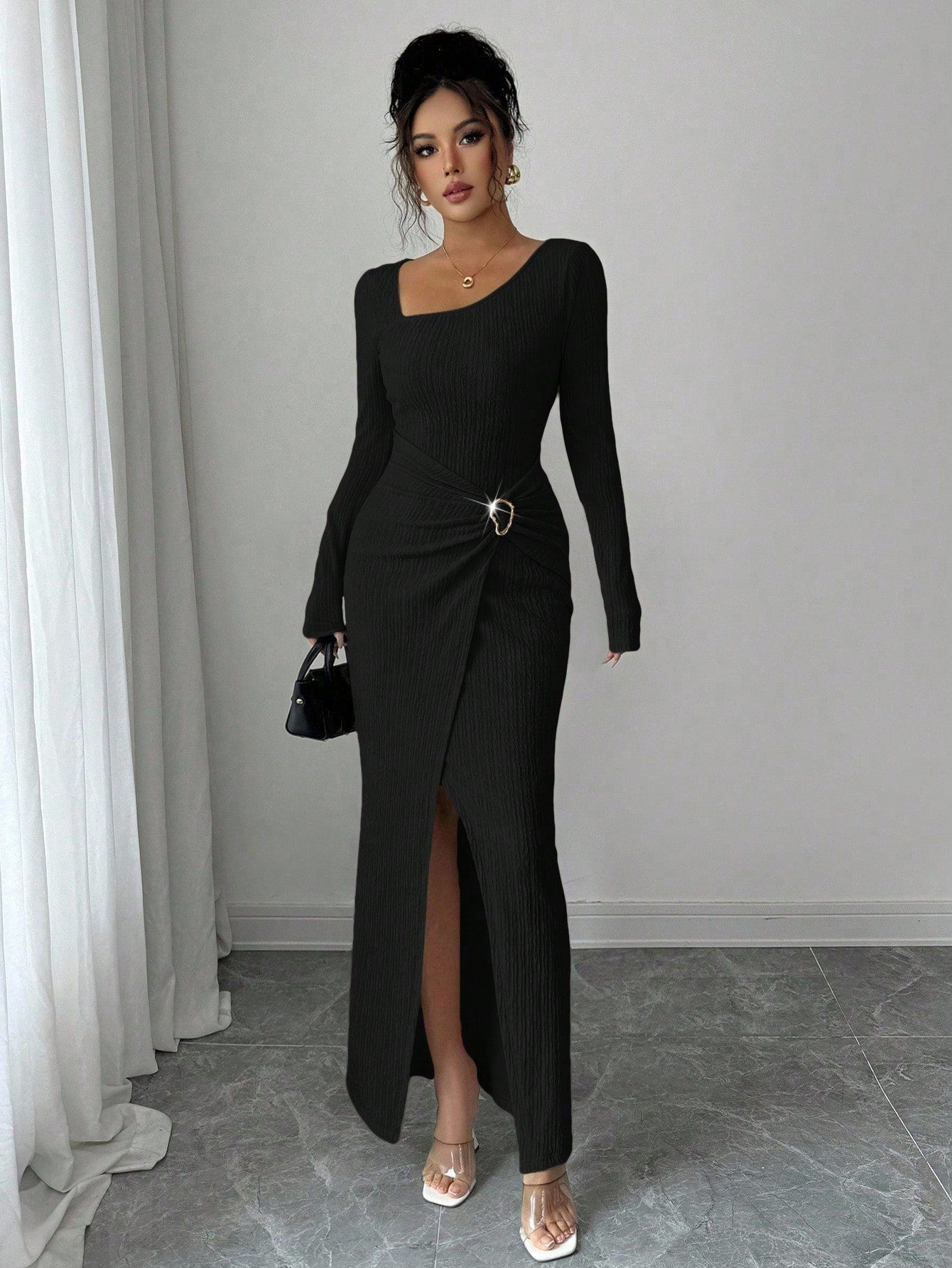 Wine Red Asymmetric Neck Knit Maxi Dress Women
