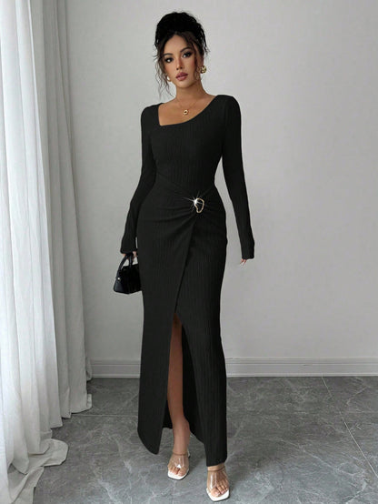 Wine Red Asymmetric Neck Knit Maxi Dress Women