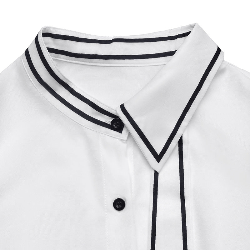 Contrast Trim Tie Neck Peplum Button Down Blouse
