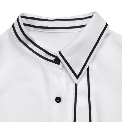 Contrast Trim Tie Neck Peplum Button Down Blouse
