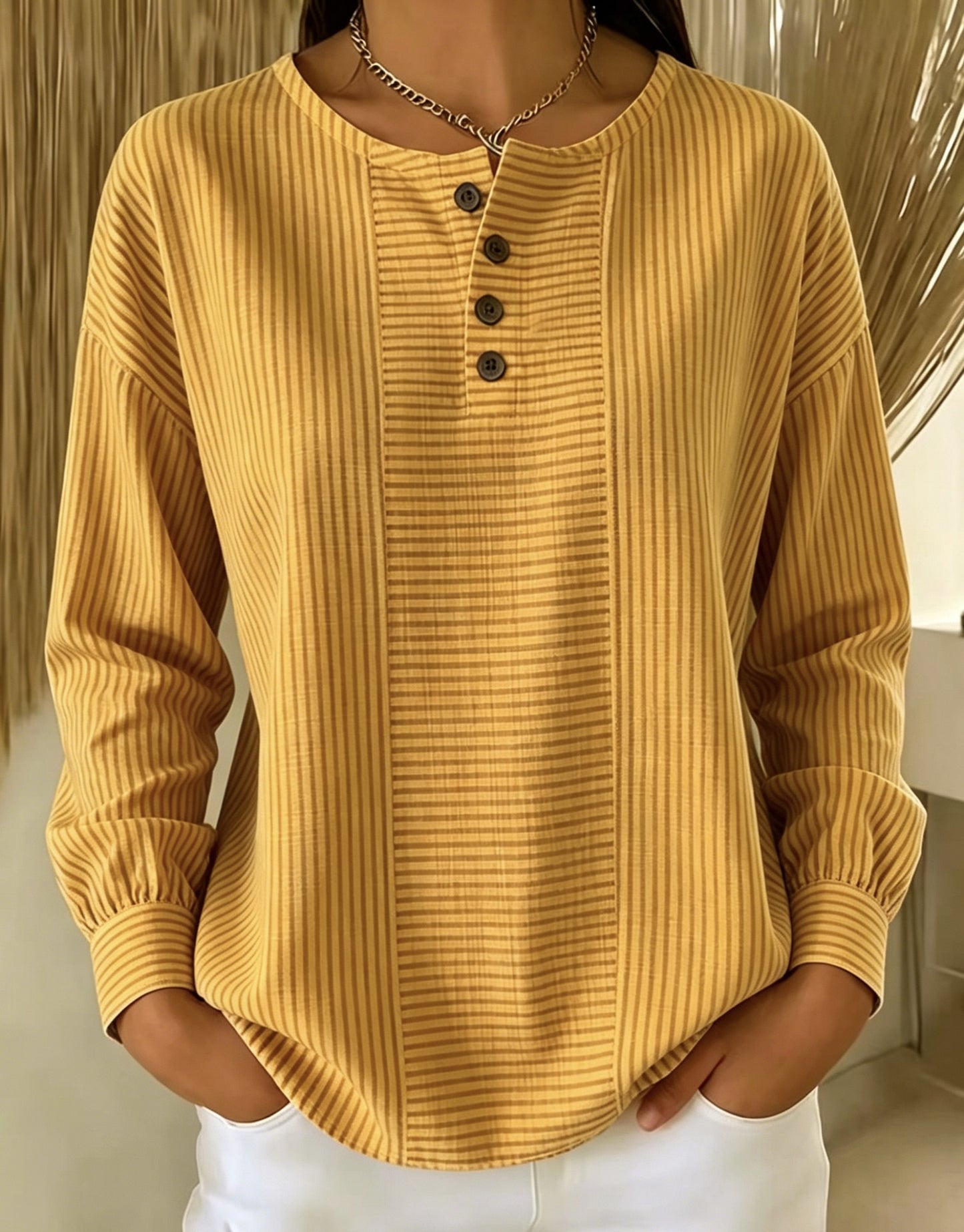 Women's Striped Patchwork Crew Neck Long Sleeve Blouse