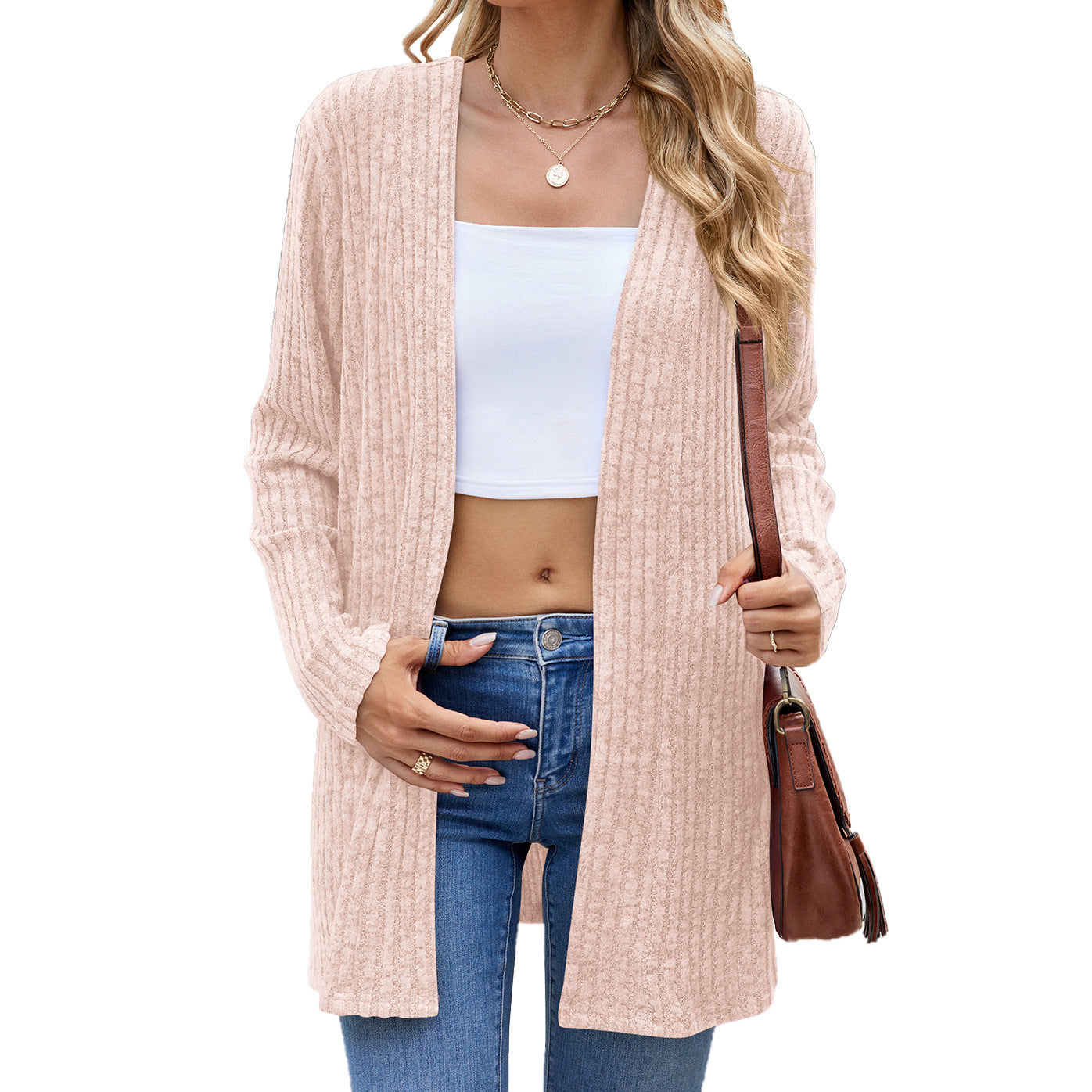 Women's Oversized Ribbed Open Front Brushed Cardigan
