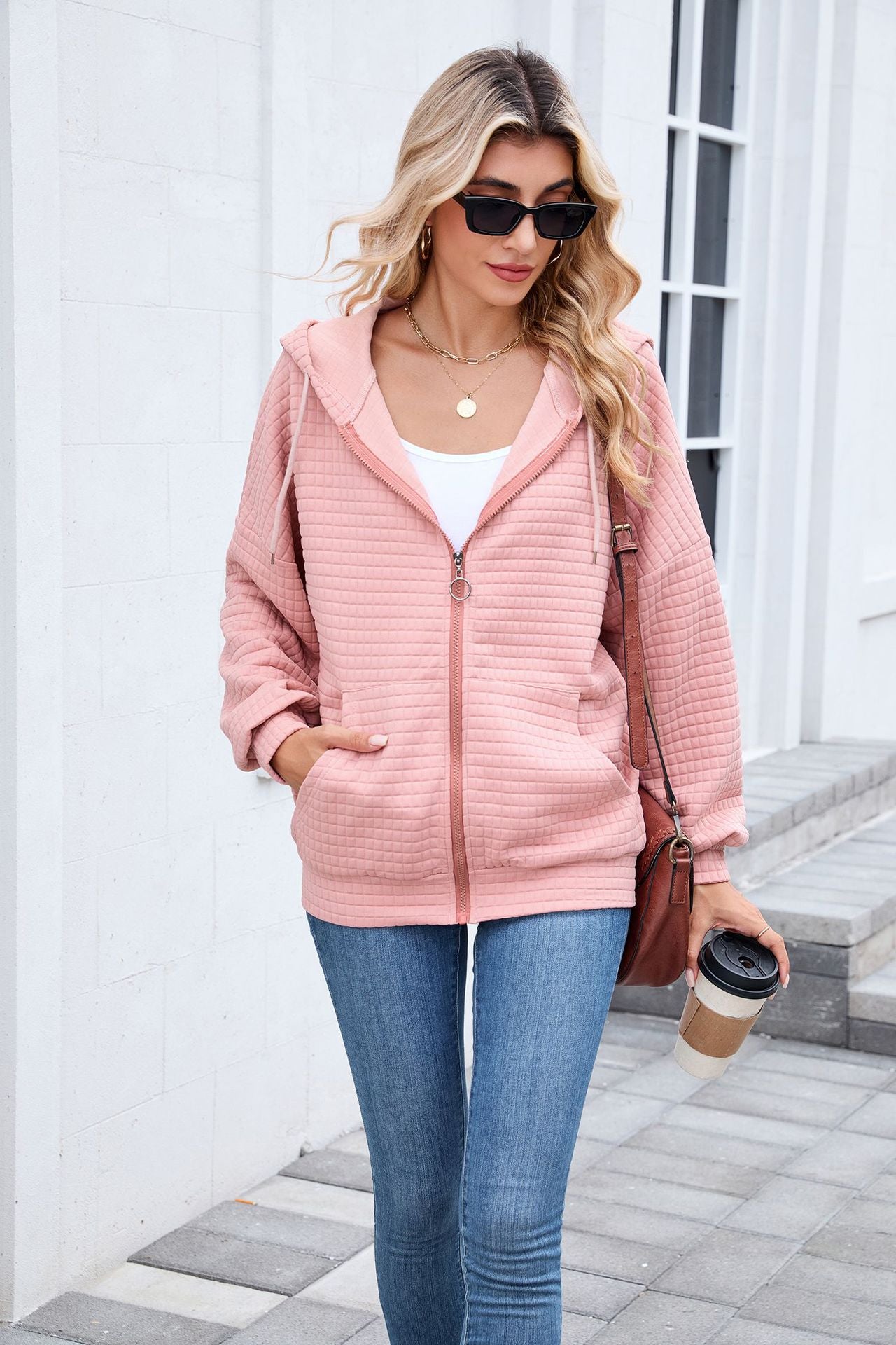 Quilted Zip Up Hooded Jacket Hoodie with Pockets