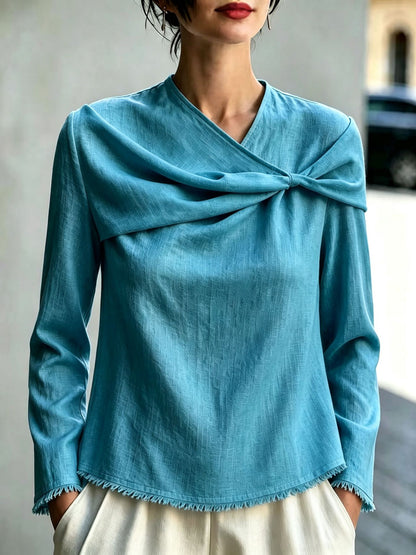 Women's Cotton Linen Cowl Neck Long Sleeve Blouse