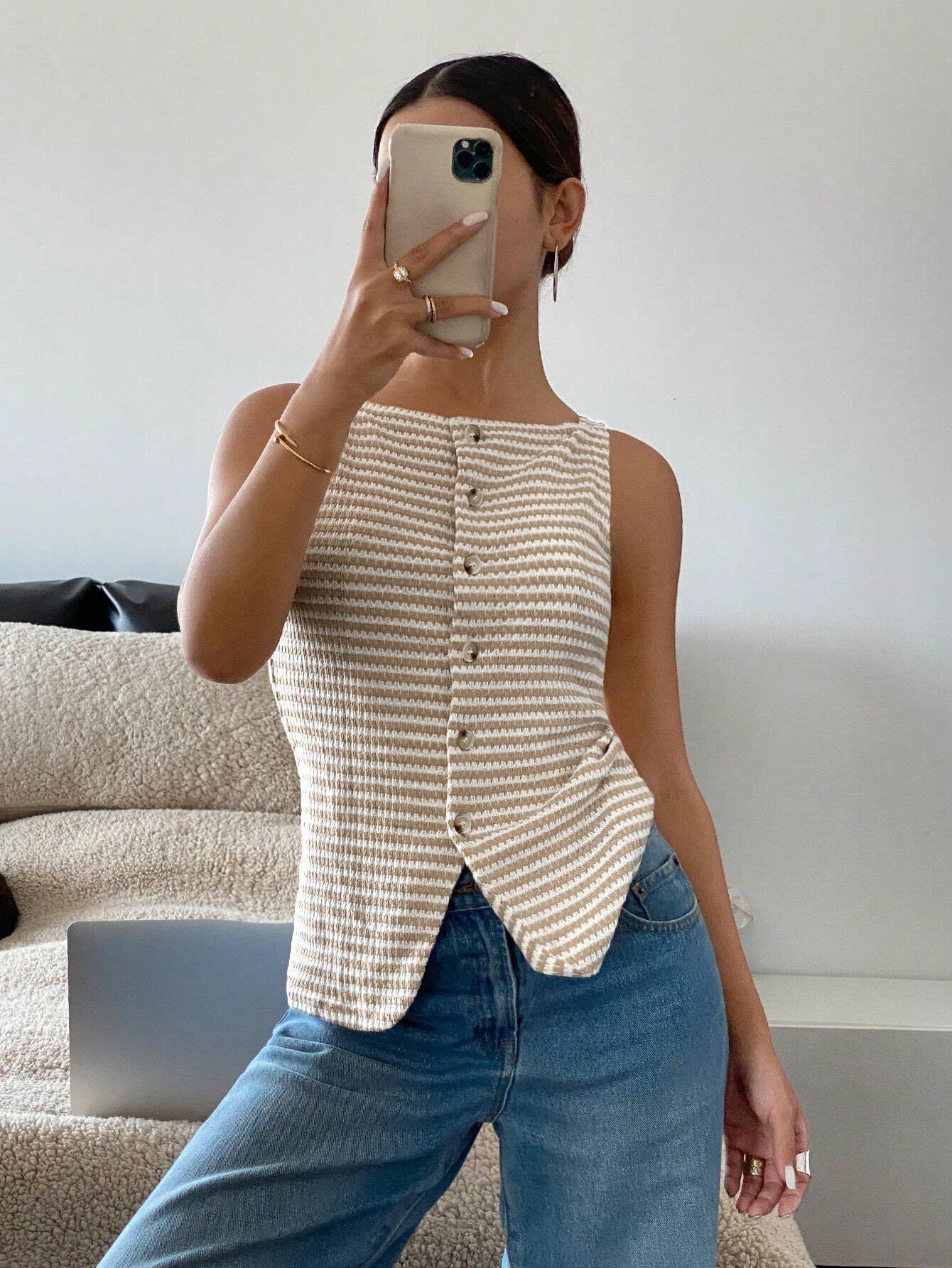 Striped Button Front Sleeveless Tank Summer Top