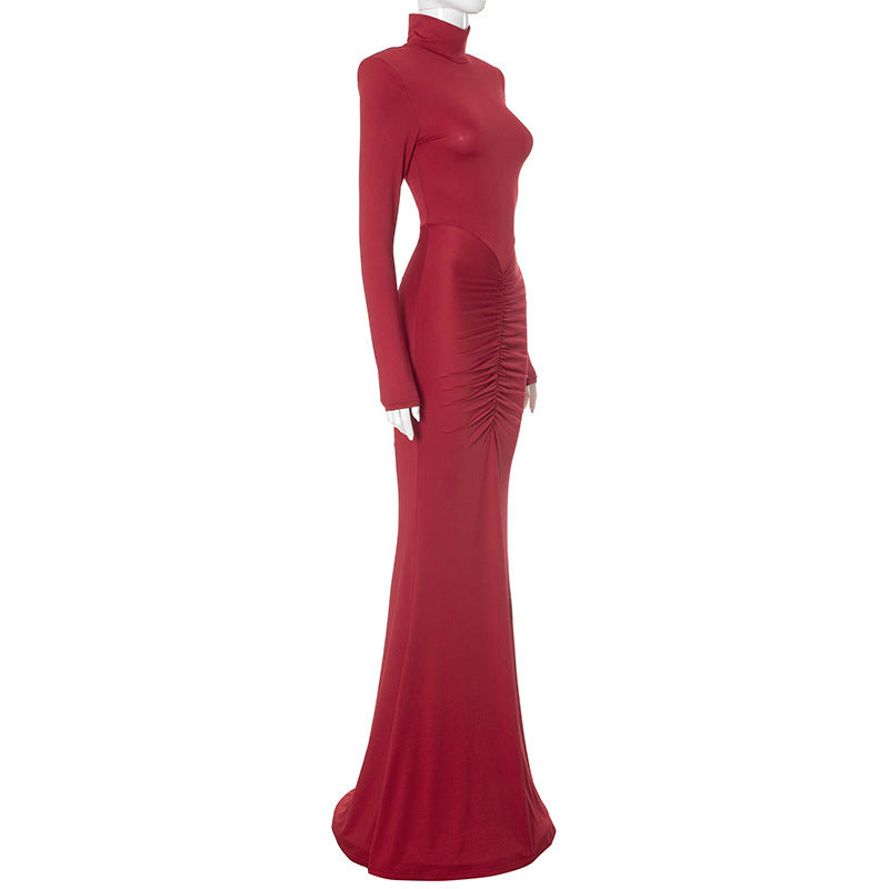 Mock Neck Padded Shoulder Ruched Bodycon Mermaid Maxi Dress