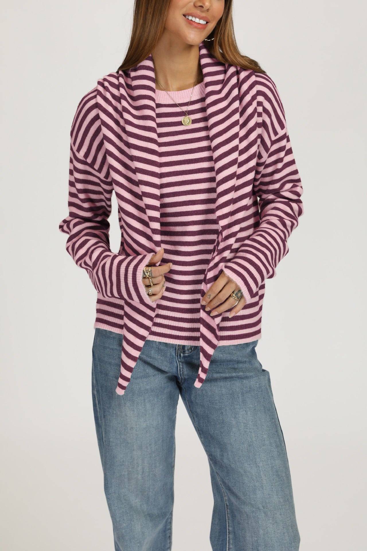 Striped Knit Sweater with Scarf Detail Crew Neck Pullover