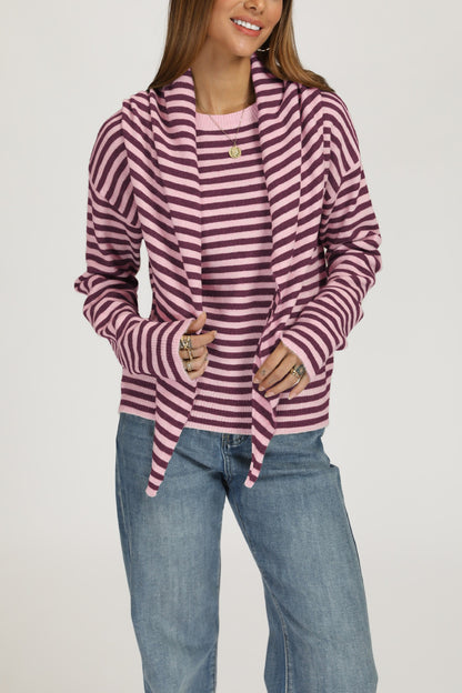 Striped Knit Sweater with Scarf Detail Crew Neck Pullover