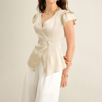 Women's Satin Wrap V-Neck Ruffle Sleeve Peplum Blouse